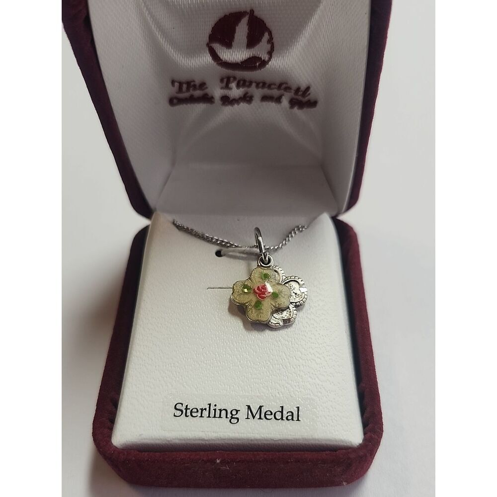 Sterling Silver Plated Floral Cloisonne Pendant Catholic 4 Way Cross Necklace